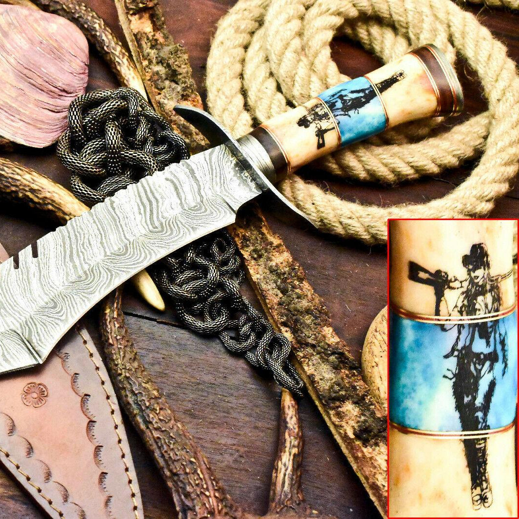 18.5" Heirloom-Grade Damascus Bowie with Camel Bone Handle