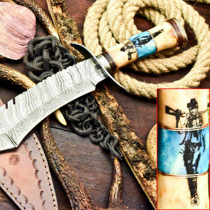 18.5" Heirloom-Grade Damascus Bowie with Camel Bone Handle