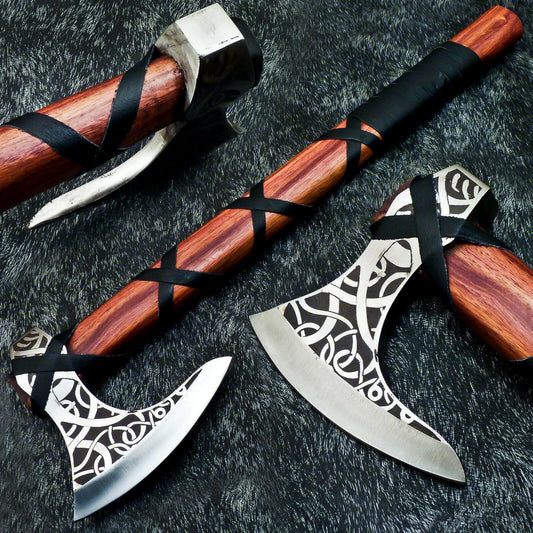 18" Custom Hand Forged Carbon Steel Viking Tomahawk Etched Norse Axe with Leather Sheath