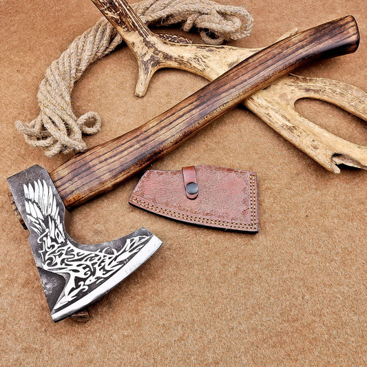 18" Custom Hand Forged Steel Axe Viking Axe for Sale With Wood Handle & Sheath