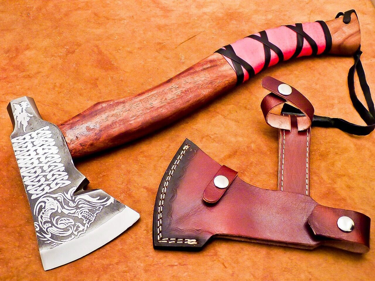 18” Custom Hand Forged Steel Axe Viking Bearded Axe with Wood Handle & Leather Sheath