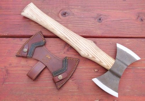 18" Custom Handmade Carbon Steel Viking Double Blade Axe with Hardwood Handle and Leather Sheath