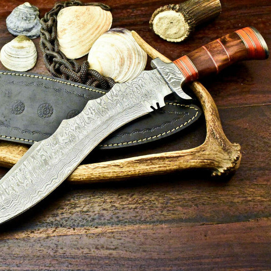 18" Damascus Bowie Hunting Knife – Walnut Wood Handle with Leather Sheath