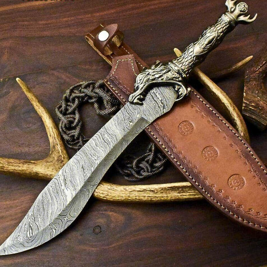 18” Damascus Bowie Knife – Pewter Grip & 12” Blade