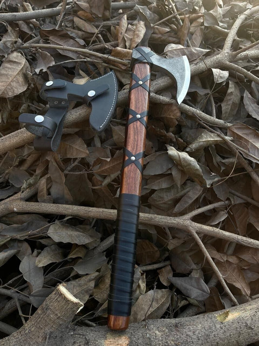 18" Hand Forged Carbon Steel Axe Viking Throwing Axe with Rosewood Handle & Sheath