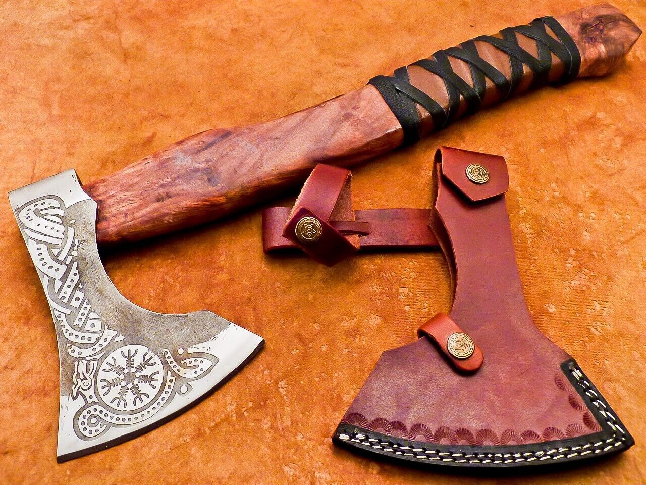 18" Hand Forged Carbon Steel Viking Bearded Camping Hatchet Tomahawk Axe with Wooden Handle and Leather Sheath