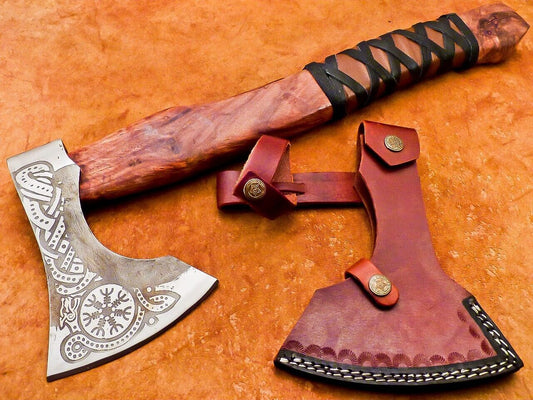 18" Hand Forged Carbon Steel Viking Bearded Camping Hatchet Tomahawk Axe with Wooden Handle and Leather Sheath