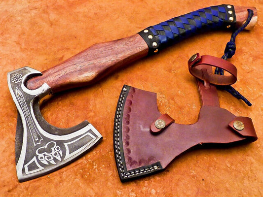 18" Hand Forged Carbon Steel Viking Bearded Hatchet Tomahawk Axe with Wooden Handle and Leather Sheath