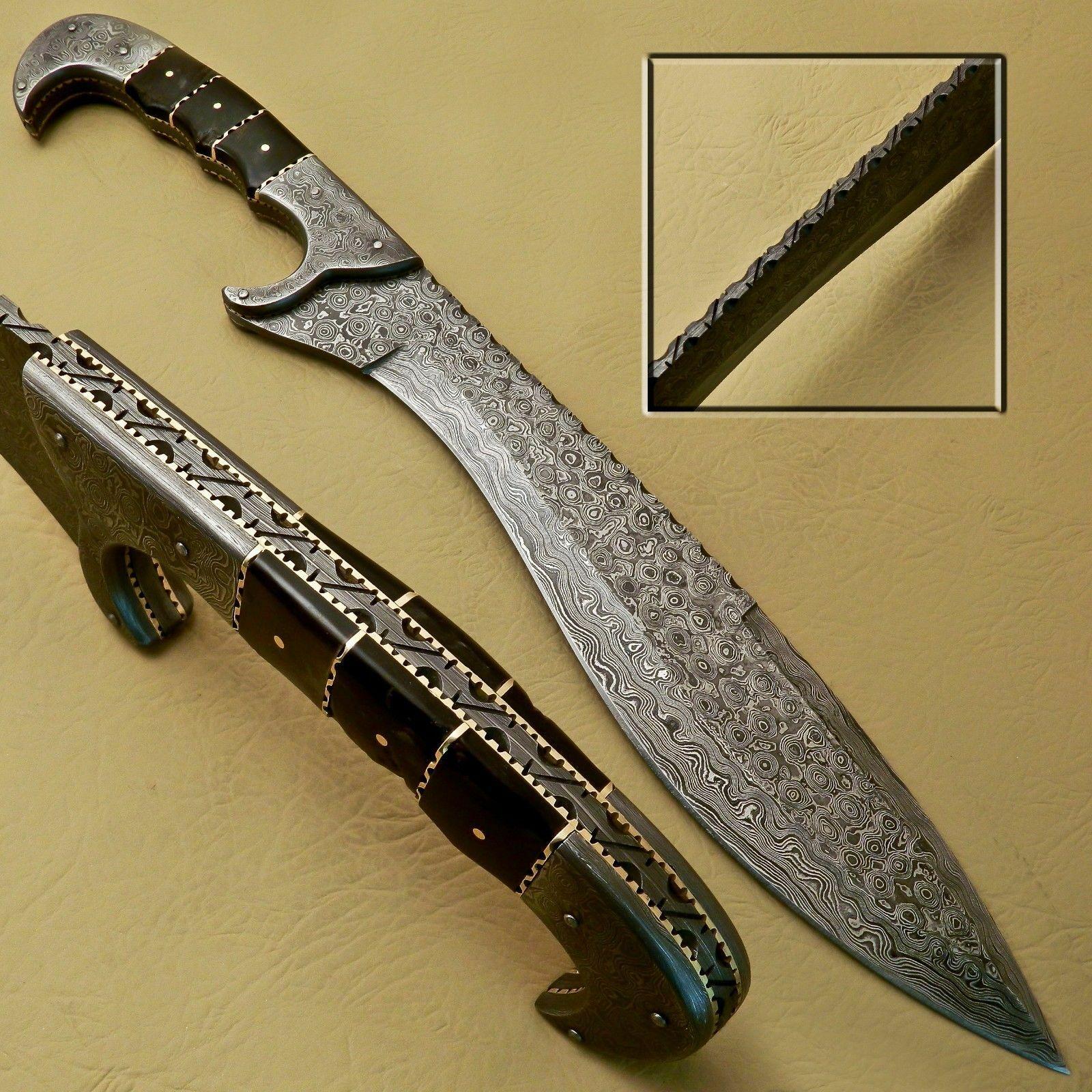 18" Hand Forged Damascus Bowie Knife Damascus Steel Knife With Ram Horn Handle & Sheath