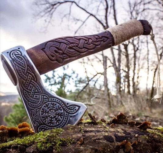 18" Hand Forged High Carbon Steel Axe Viking Axe with Ash Wood Handle & Leather Wrap