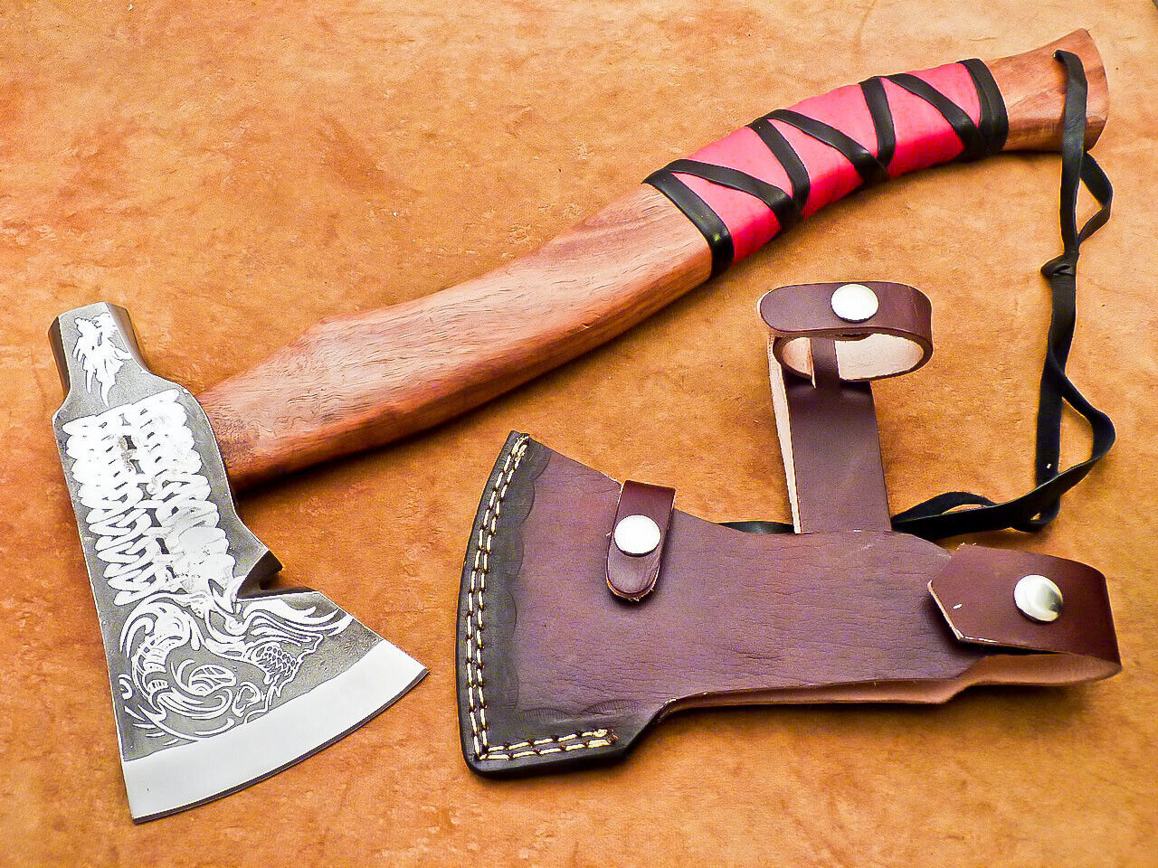 18” Hand Forged Steel Axe Viking Bearded Axe with Natural Wood Handle & Leather Sheath