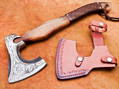 18” Hand Forged Steel Axe Viking Bearded Axe with Olive Wood Handle & Sheath