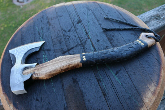 18" Hand Forged Steel Axe Viking Tomahawk Axe with Ash Wood and Leather Wrapped Handle