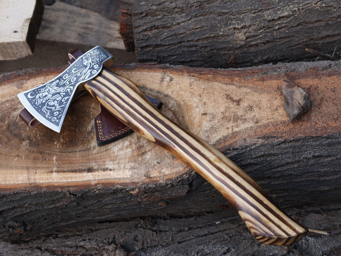 18" Hand Forged Viking Axe Carbon Steel Axe with Ash Wood Handle and Leather Sheath