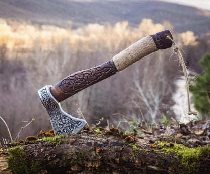 18" Hand Forged Viking Axe High Carbon Steel Axe with Wooden Handle and Leather Sheath