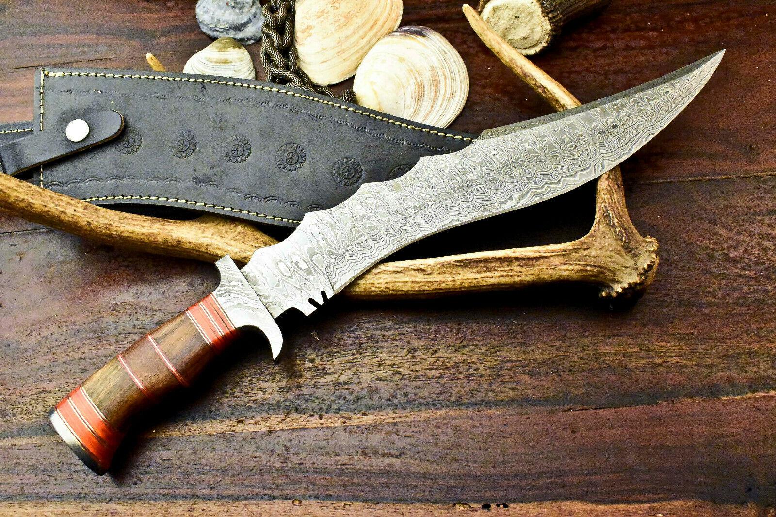 18" Handmade Custom Bowie Knife Damascus Steel Knife With Walnut Wood Handle & Sheath