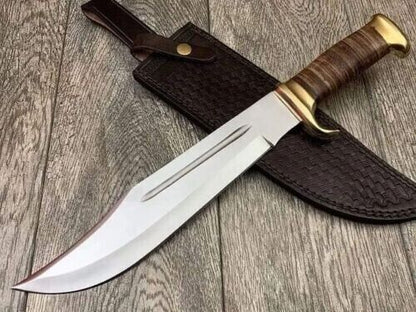 18" Handmade D2 Steel High Polish Crocodile Dundee Bowie Knife with Leather and Brass Handle