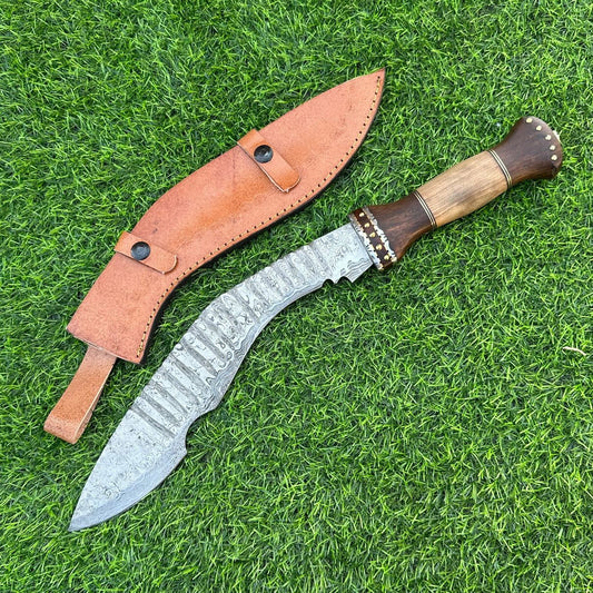 18” Handmade Damascus Kukri Bowie Knife | Hardwood Handle & Leather Sheath