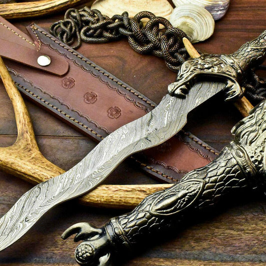 18" Handmade Damascus Steel Bowie Knife with Pewter Handle & Leather Sheath