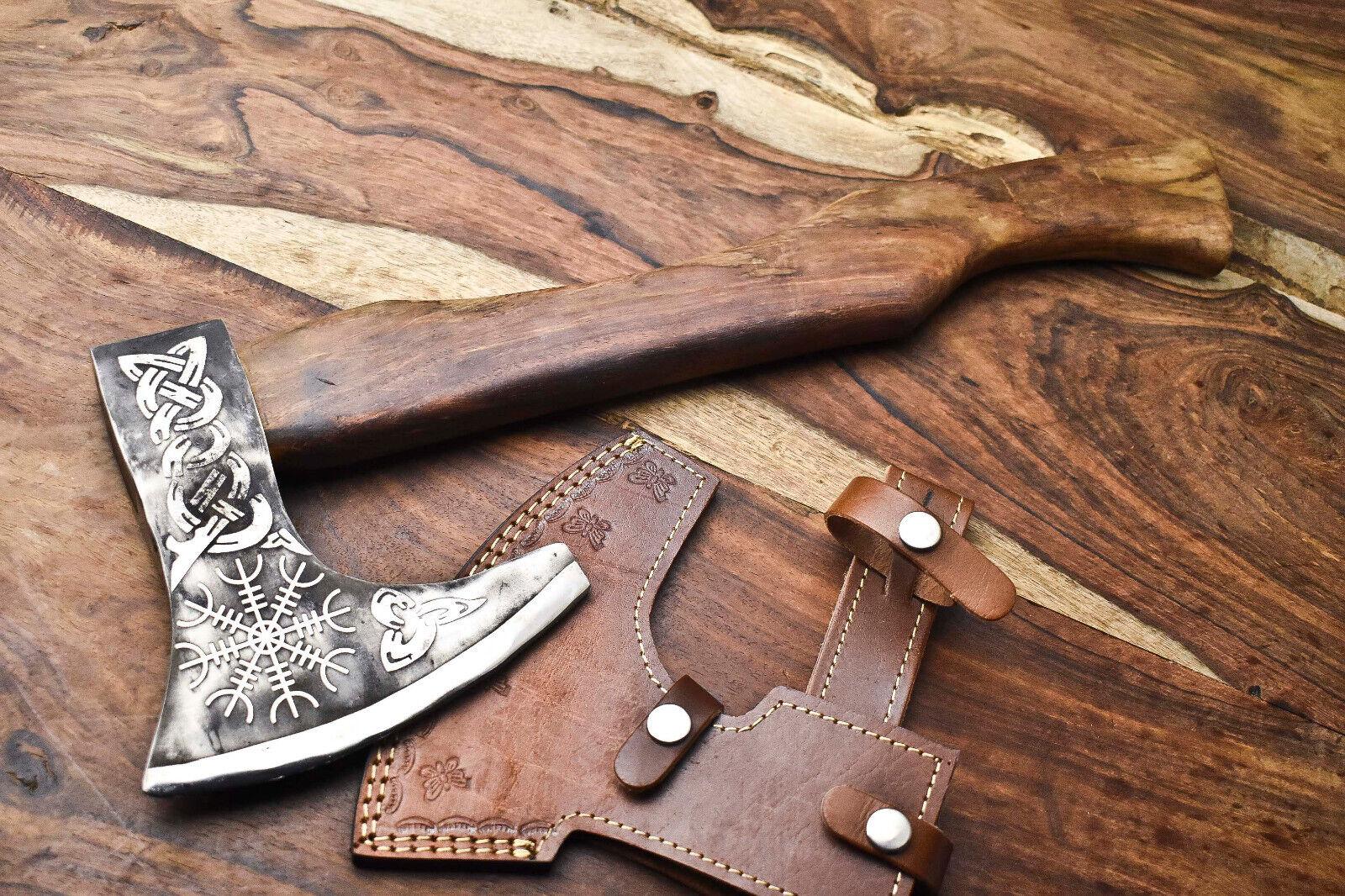 18" Handmade High Carbon Steel Axe Viking Hatchet Axe Laser Etched Blade With Sheath