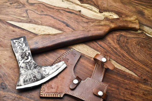 18" Handmade High Carbon Steel Axe Viking Hatchet Axe Laser Etched Blade With Sheath