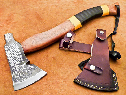 18” Handmade Steel Axe Viking Axe for Sale with Natural Wood Handle & Leather Sheath