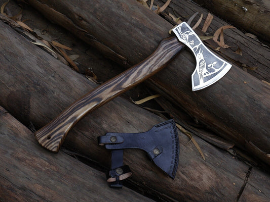 18" Handmade Viking Tomahawk Axe Carbon Steel Axe with Engraved Ash Wood Handle