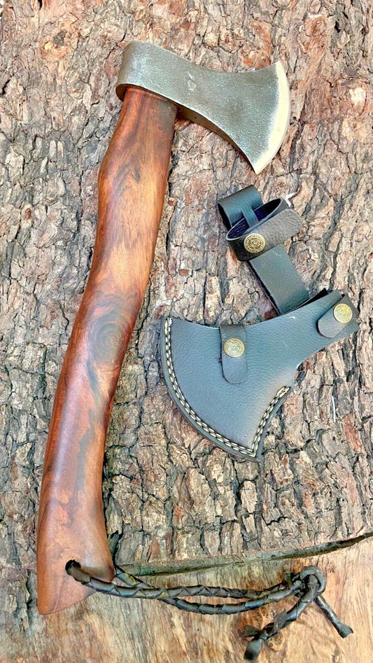 18 Inch Custom Forged Steel Axe Viking Axe for Sale with Wooden Handle and Leather Sheath