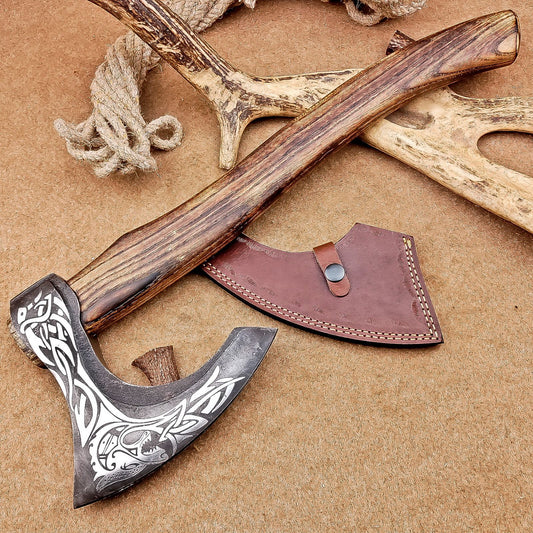 18 Inch Custom Hand Forged Steel Axe Viking Valhalla Axe with Natural Wood Handle & Sheath