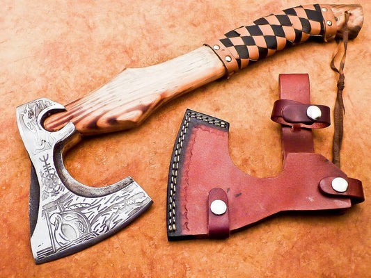 18 Inch Hand Forged Viking Bearded Axe Carbon Steel Axe with Leather Sheath&nbsp;