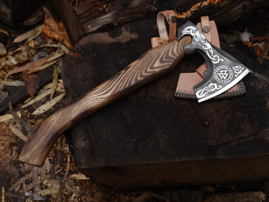 18 Inch Handmade Steel Axe Viking Axe for Sale With Ash Wood Handle & Leather Sheath