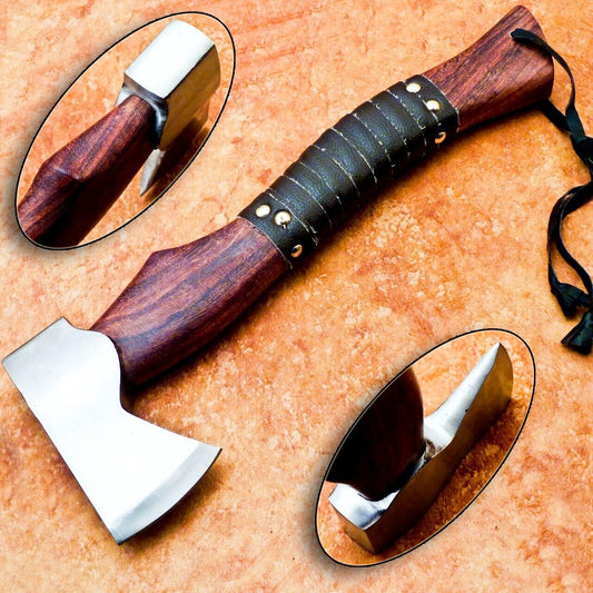 18 Inch Handmade Steel Axe Viking Throwing Axe With Rose Wood Handle & Sheath 