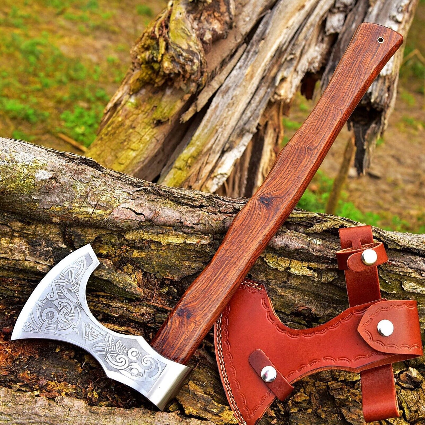 18 Inch Viking Handmade Tomahawk Axe Steel Axe with Ash Wood Handle and Leather Sheath