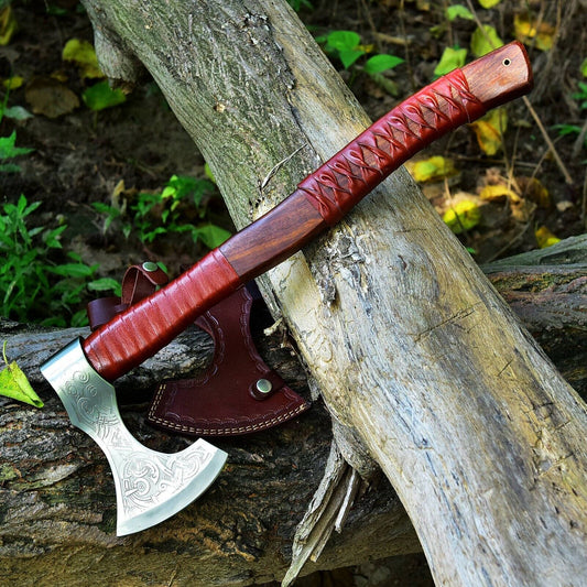 19.5 Inch Handmade Viking Combat Axe Steel Axe with Ash Wood Handle and Leather Sheath