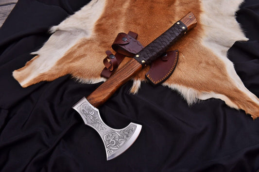 19.5" Viking Hand Forged Carbon Steel Axe Bearded Hatchet with Exotic Wood Handle