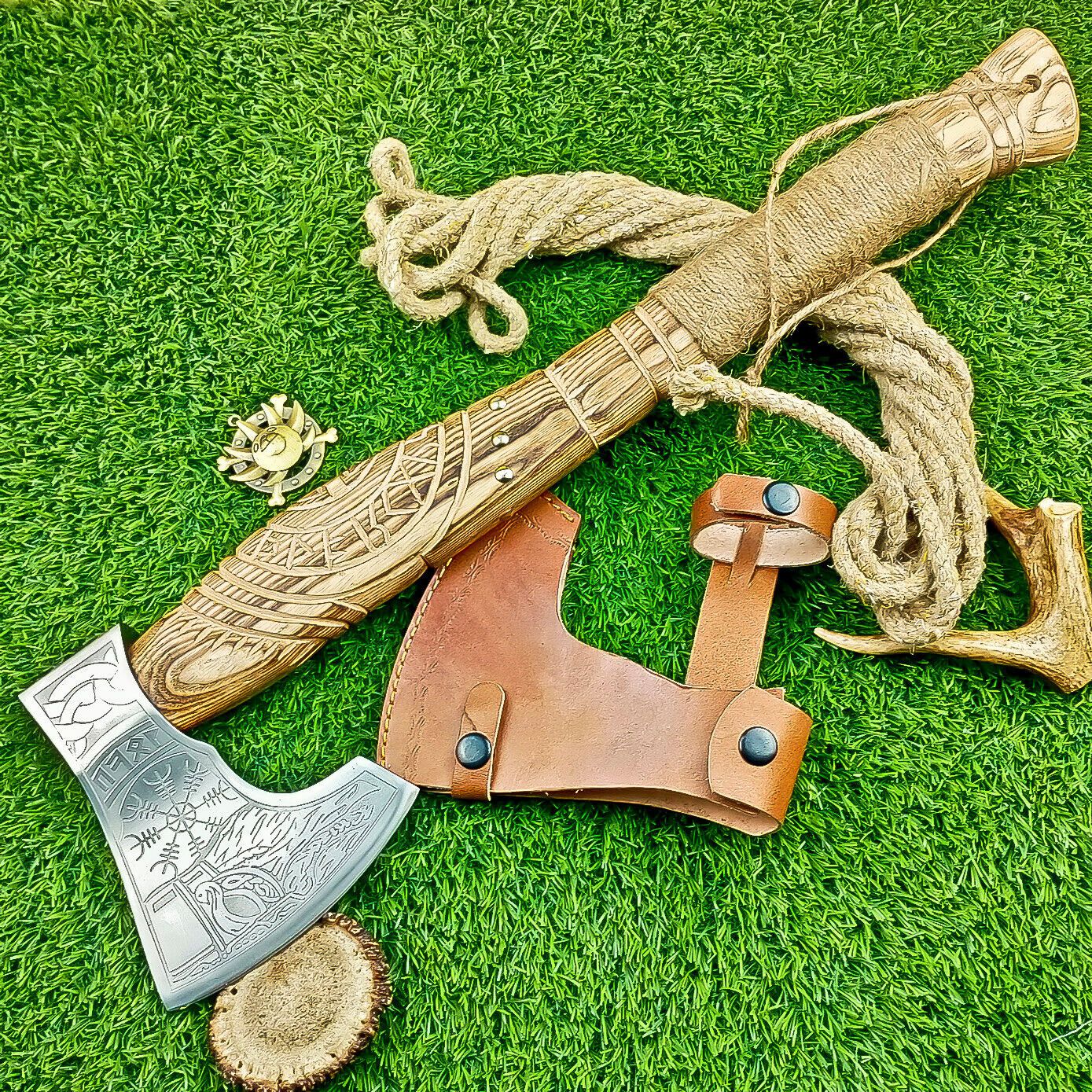 19" Custom Hand Forged Steel Axe Viking Axe for Sale With Wood Handle & Sheath 