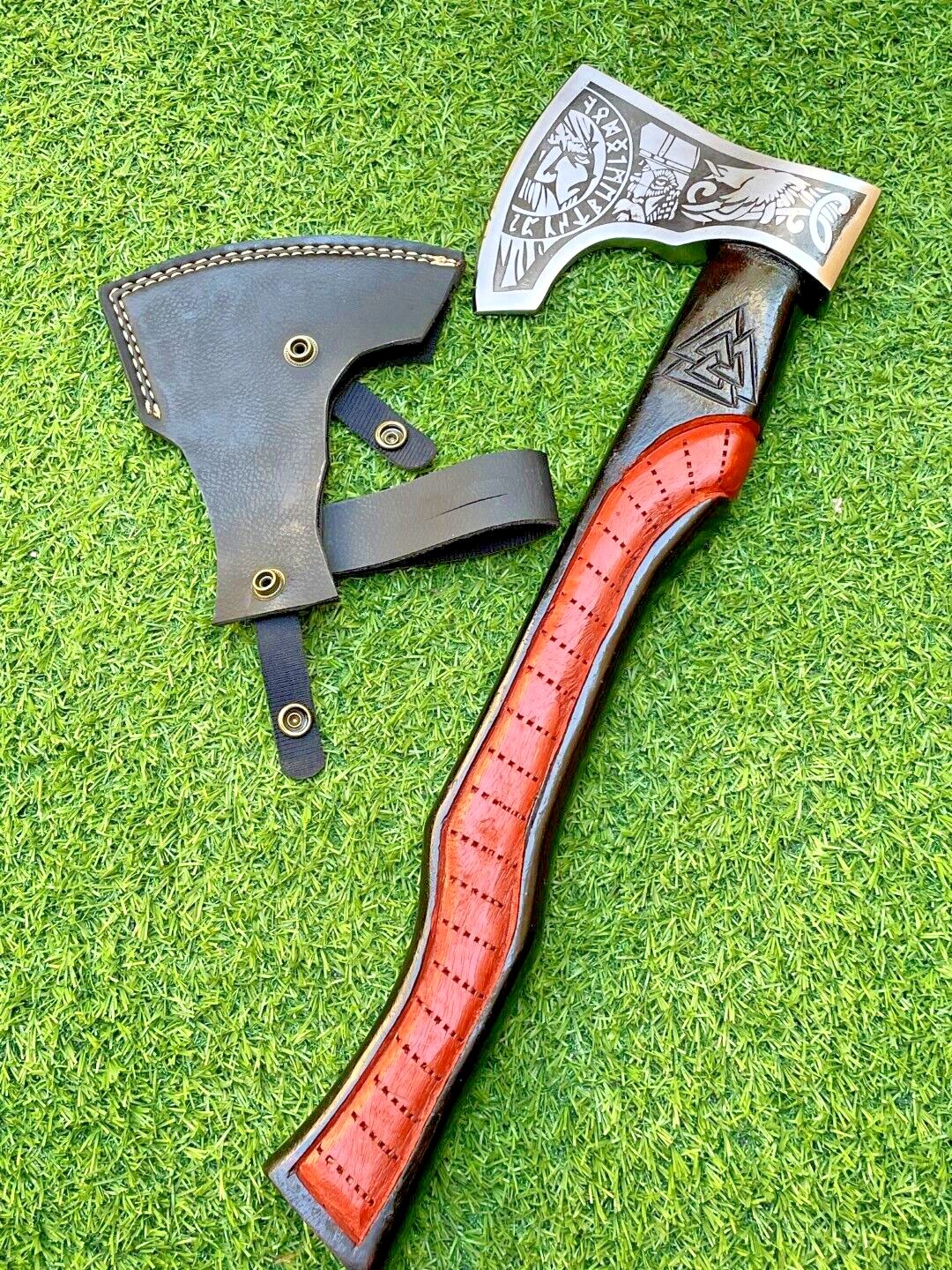19" Custom Handmade Carbon Steel Axe Viking Axe with Multi Color Wooden Handle & Sheath