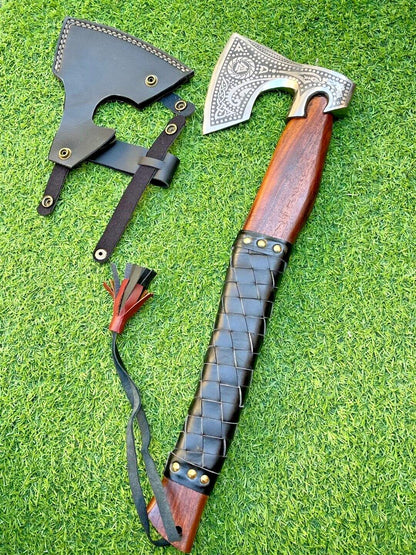 19" Custom Handmade Carbon Steel Axe Viking Combat Axe with Wooden Handle & Sheath
