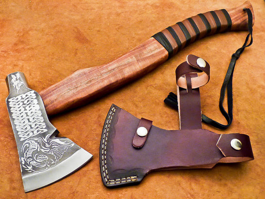 19” Hand Forged Steel Axe Viking Bearded Axe with Natural Wood Handle & Leather Sheath
