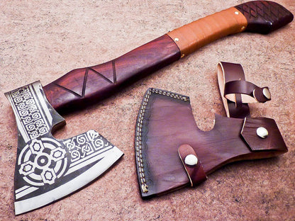 19" Hand Forged Viking Axe Carbon Steel Axe Bearded Hatchet with Leather Sheath 