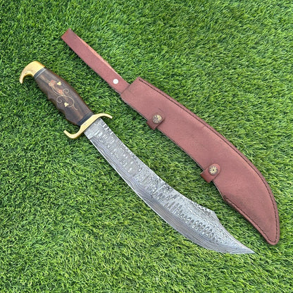 19" Handmade Damascus Bowie Scimitar – Wooden Handle & Leather Sheath