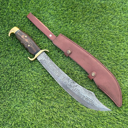 19" Handmade Damascus Bowie Scimitar – Wooden Handle & Leather Sheath