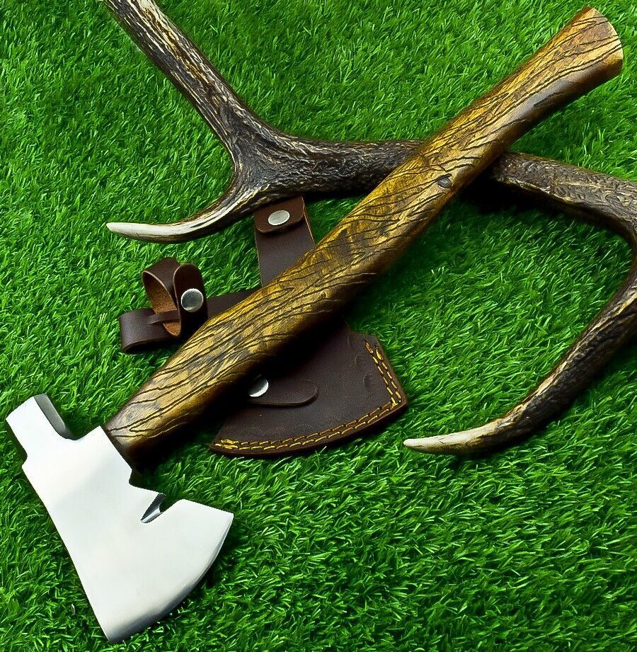 19 Inch Hand Forged Steel Axe Viking Bearded Hatchet with Wooden Handle & Sheath