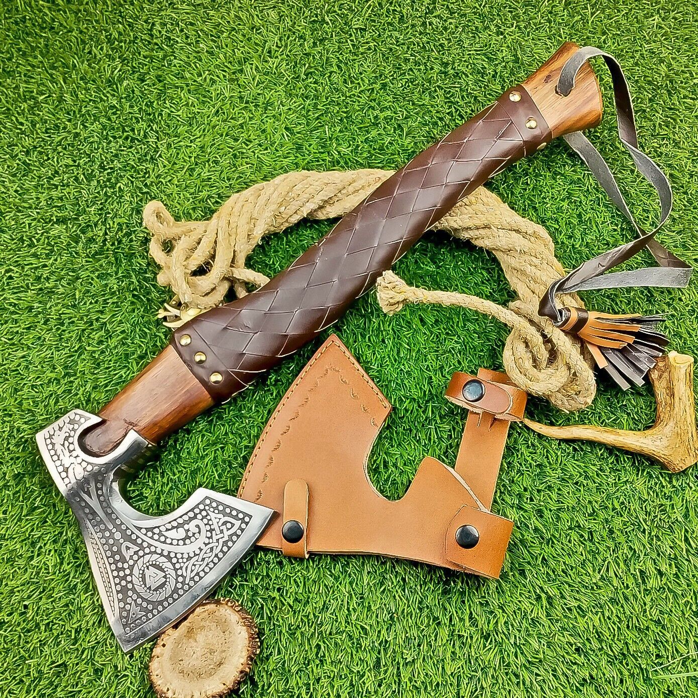 19 Inch Hand Forged Steel Axe Viking Valhalla Axe with Leather Wrapped Wood Handle 