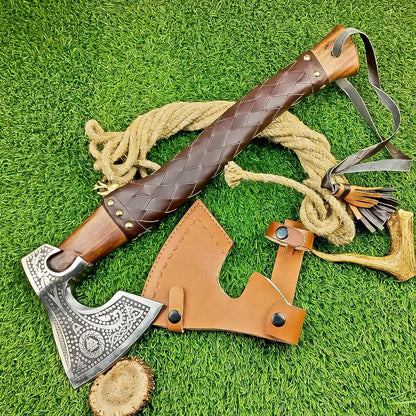 19 Inch Hand Forged Steel Axe Viking Valhalla Axe with Leather Wrapped Wood Handle 