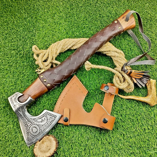 19 Inch Hand Forged Steel Axe Viking Valhalla Axe with Leather Wrapped Wood Handle 