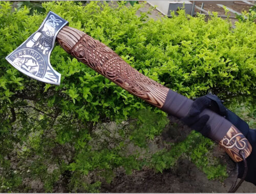 19 Inch Hand Forged Viking Throwing Axe with Carved Ashwood Handle and Leather Sheath