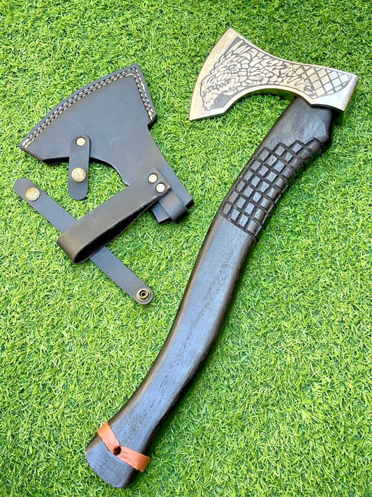 19 Inch Handmade Carbon Steel Axe Viking Axe with Ash Wood Handle & Leather Sheath