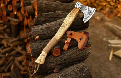 19 Inch Handmade Carbon Steel Axe Viking Axe with Wood Handle & Leather Sheath