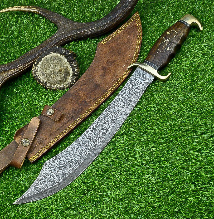 19 Inch Handmade Damascus Steel Curved Blade Hunting Knife with Natural Wood Handle